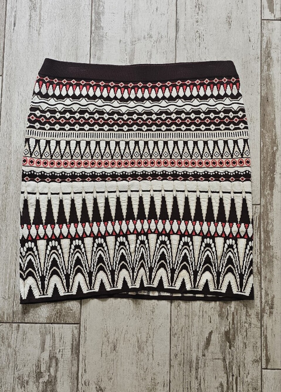 Etcetera Brown, White & Red Geo Knit Knee Mini Skirt XL